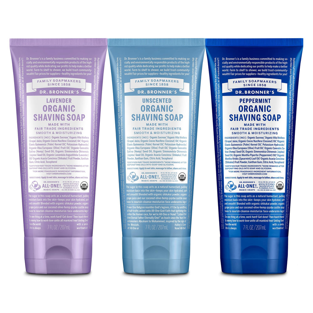 Dr. Bronner's shaving soap three-pack front view shows variety and packaging benefit