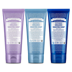 Dr. Bronner's shaving soap three-pack front view shows variety and packaging benefit