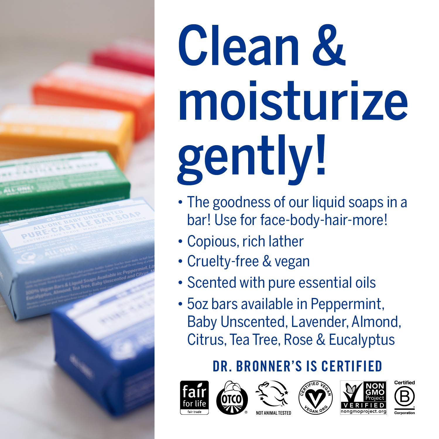 Dr. Bronner's bar in hand for scale, shows 5-ounce size and travel-friendly benefit