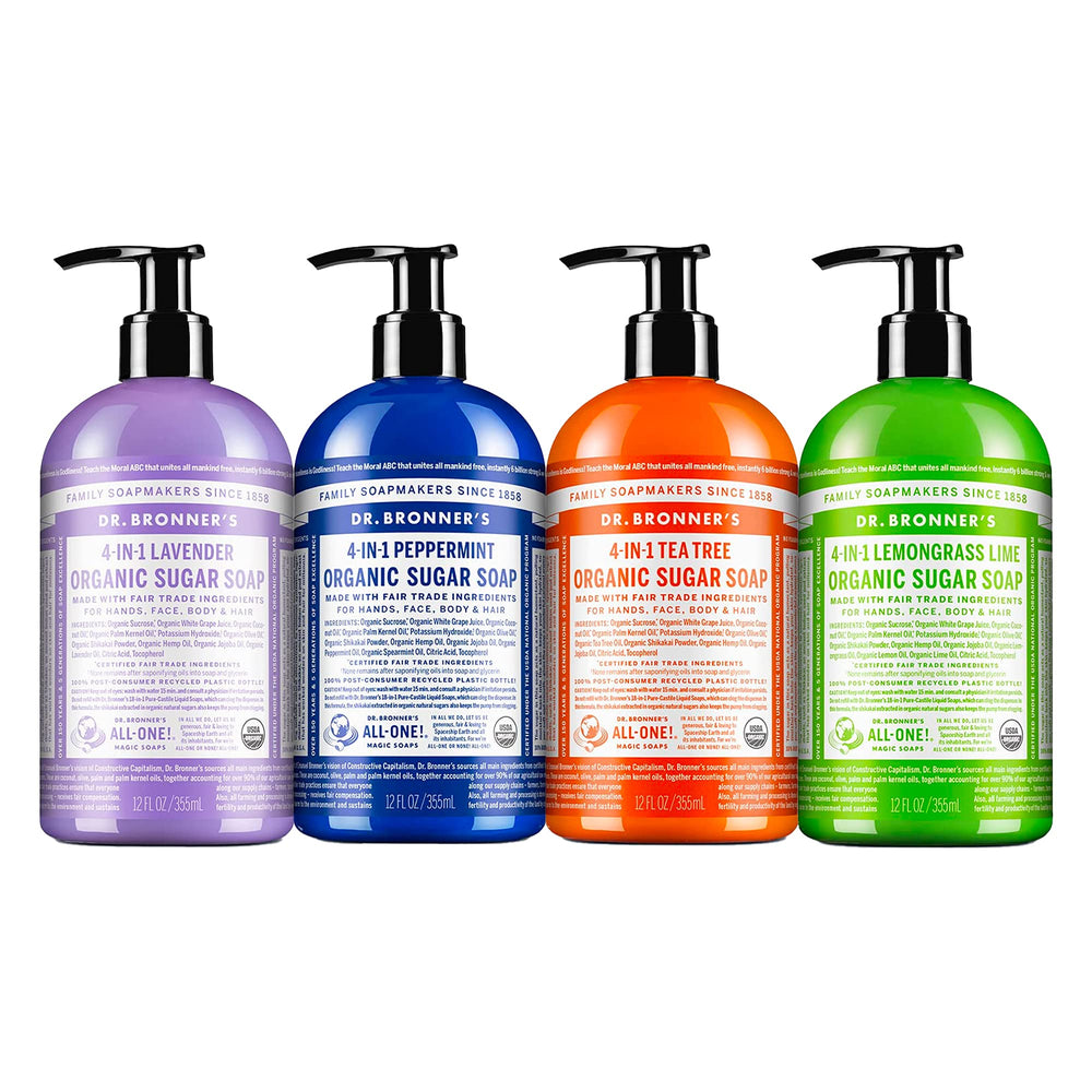Dr. Bronner's four-pack front view showing variety and eco packaging benefits
