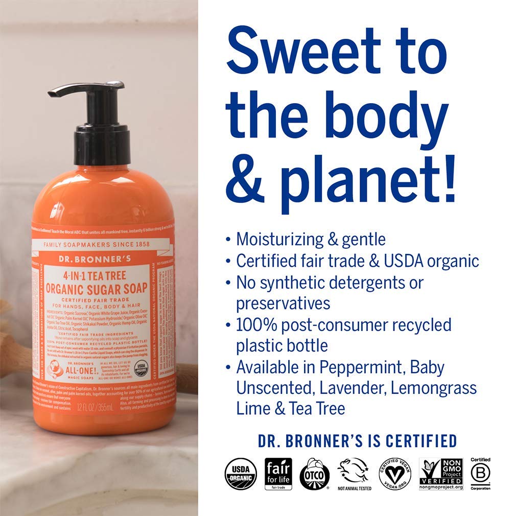 Dr. Bronner's ingredients shot with organic sugar and shikakai showing natural conditioning