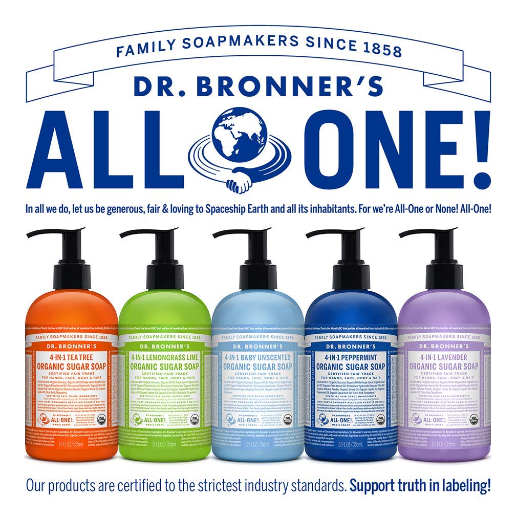 Dr. Bronner's recycled bottle label emphasizing recycled-plastic packaging advantage