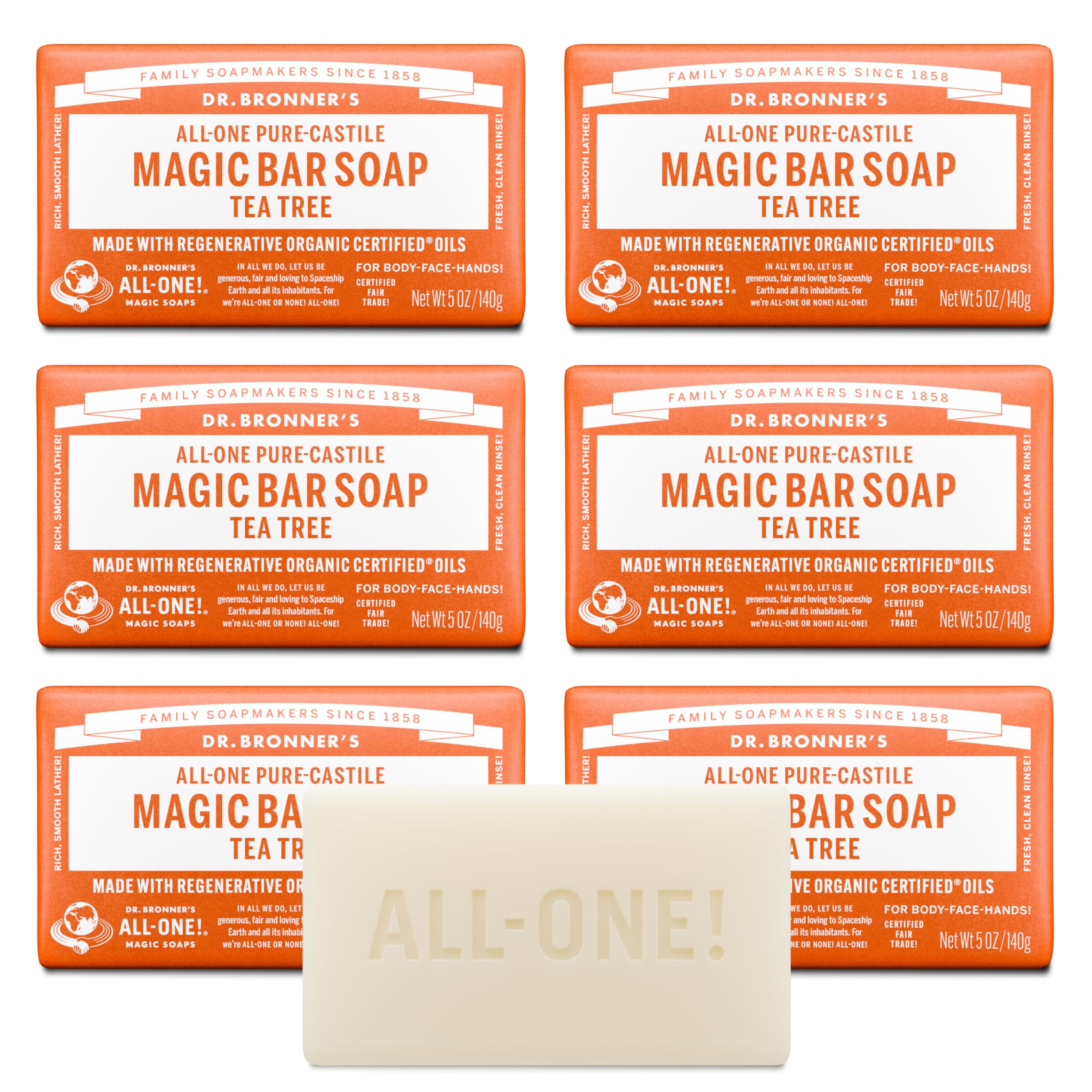 Dr. Bronner's front packaging showing tea tree bar and clear labeling benefit eco-friendly wrap