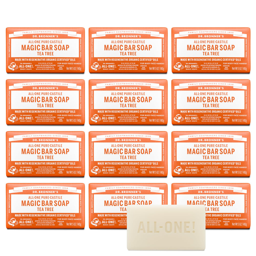 Dr. Bronner's tea tree bar front packaging showing product and scent benefit