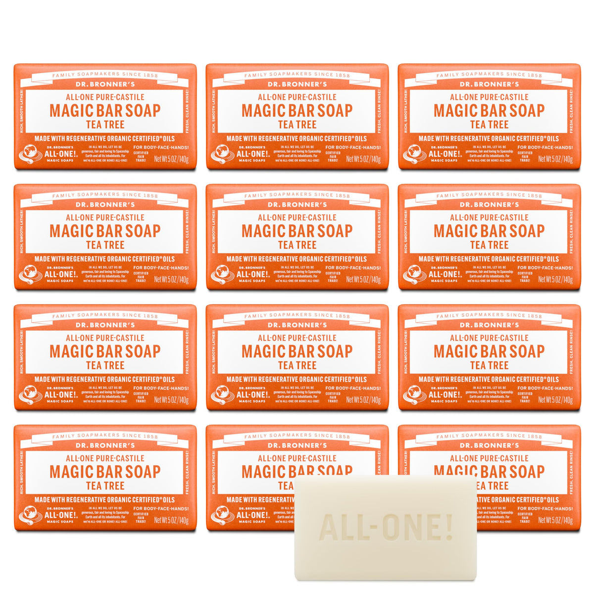 Dr. Bronner's tea tree bar front packaging showing product and scent benefit
