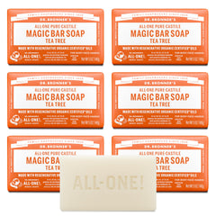 Dr. Bronner's front packaging showing tea tree bar and clear labeling benefit eco-friendly wrap