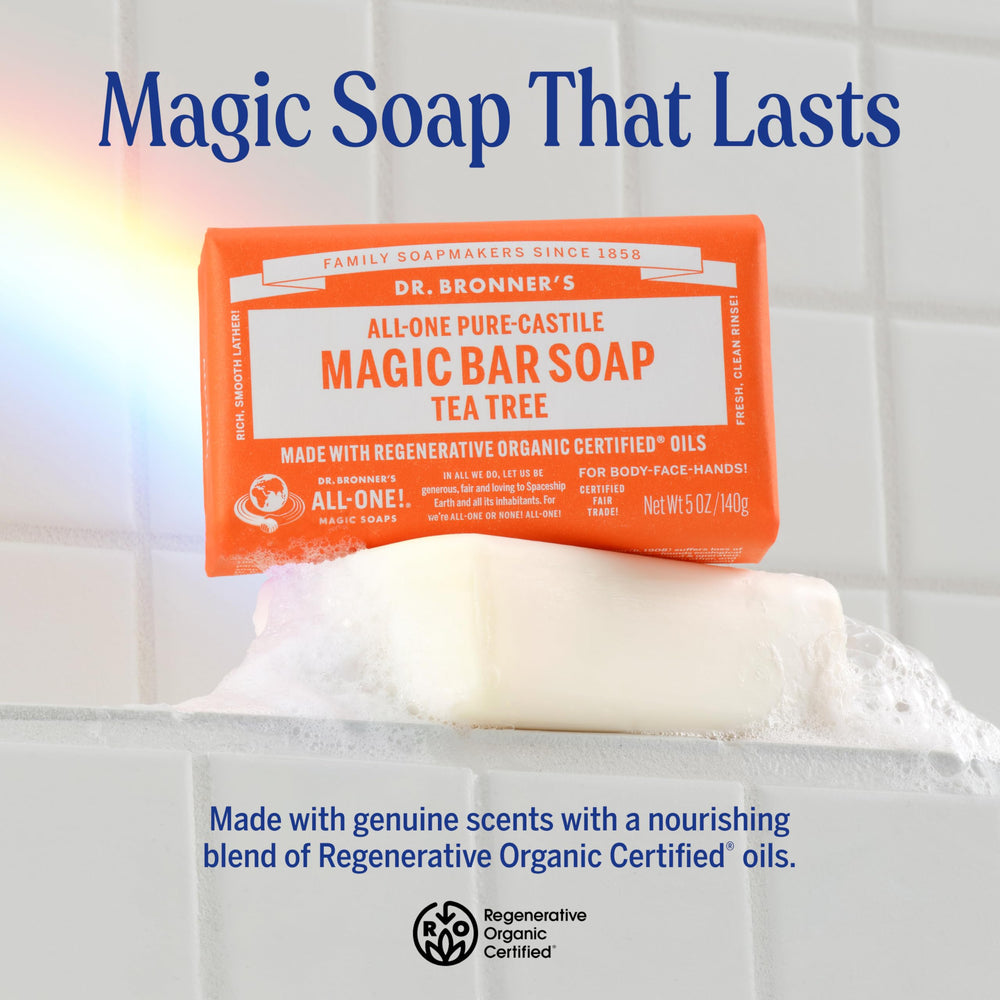 Dr. Bronner's unwrapped bar close-up revealing texture and clean sudsing benefit for skin