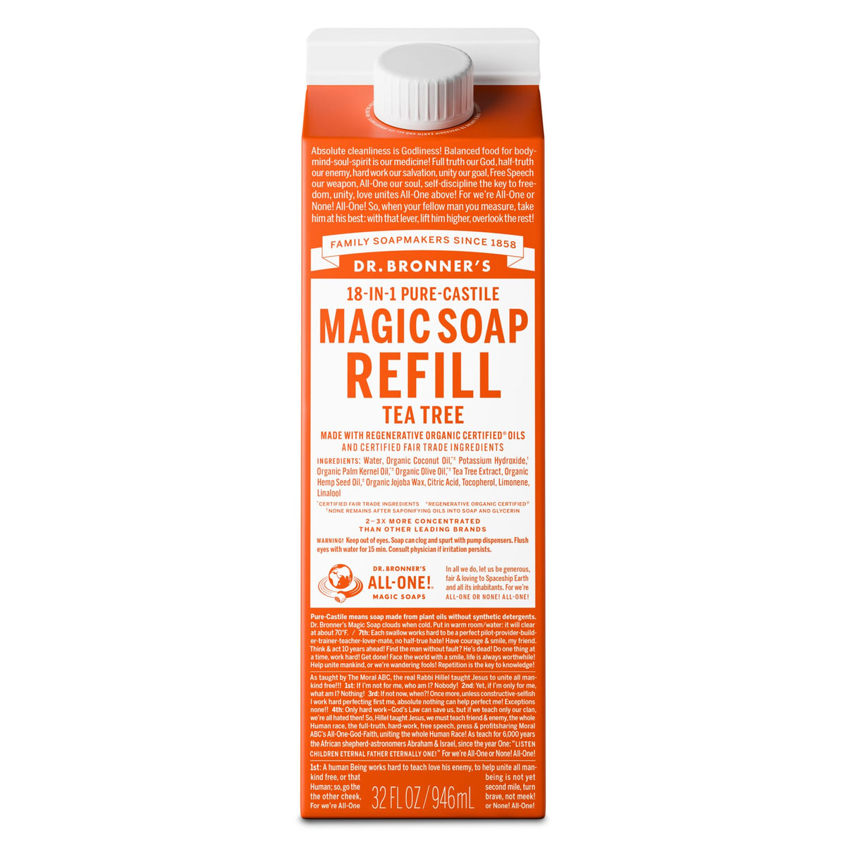 Dr. Bronner's tea tree front carton shows packaging and eco refill benefit