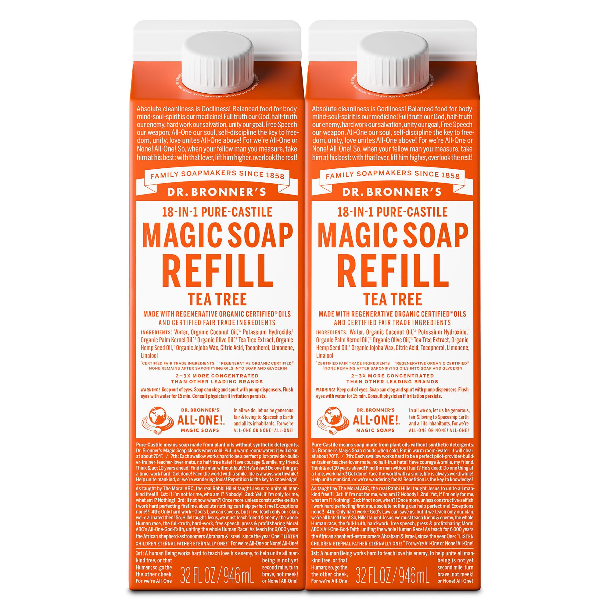 Dr. Bronner's front carton showing tea tree soap and eco refill benefit