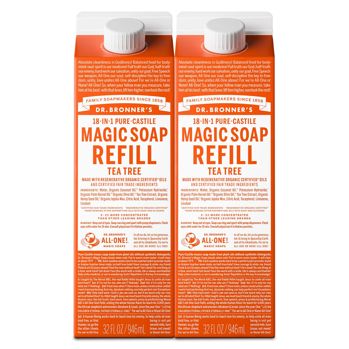 Dr. Bronner's front carton showing tea tree soap and eco refill benefit