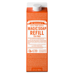 Dr. Bronner's tea tree front carton shows packaging and eco refill benefit