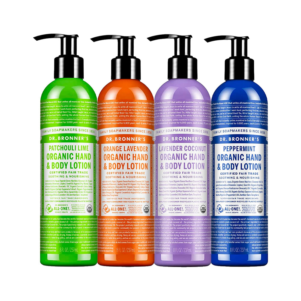 Dr. Bronner's variety pack front view showing four organic lotion bottles, clear labeling benefit