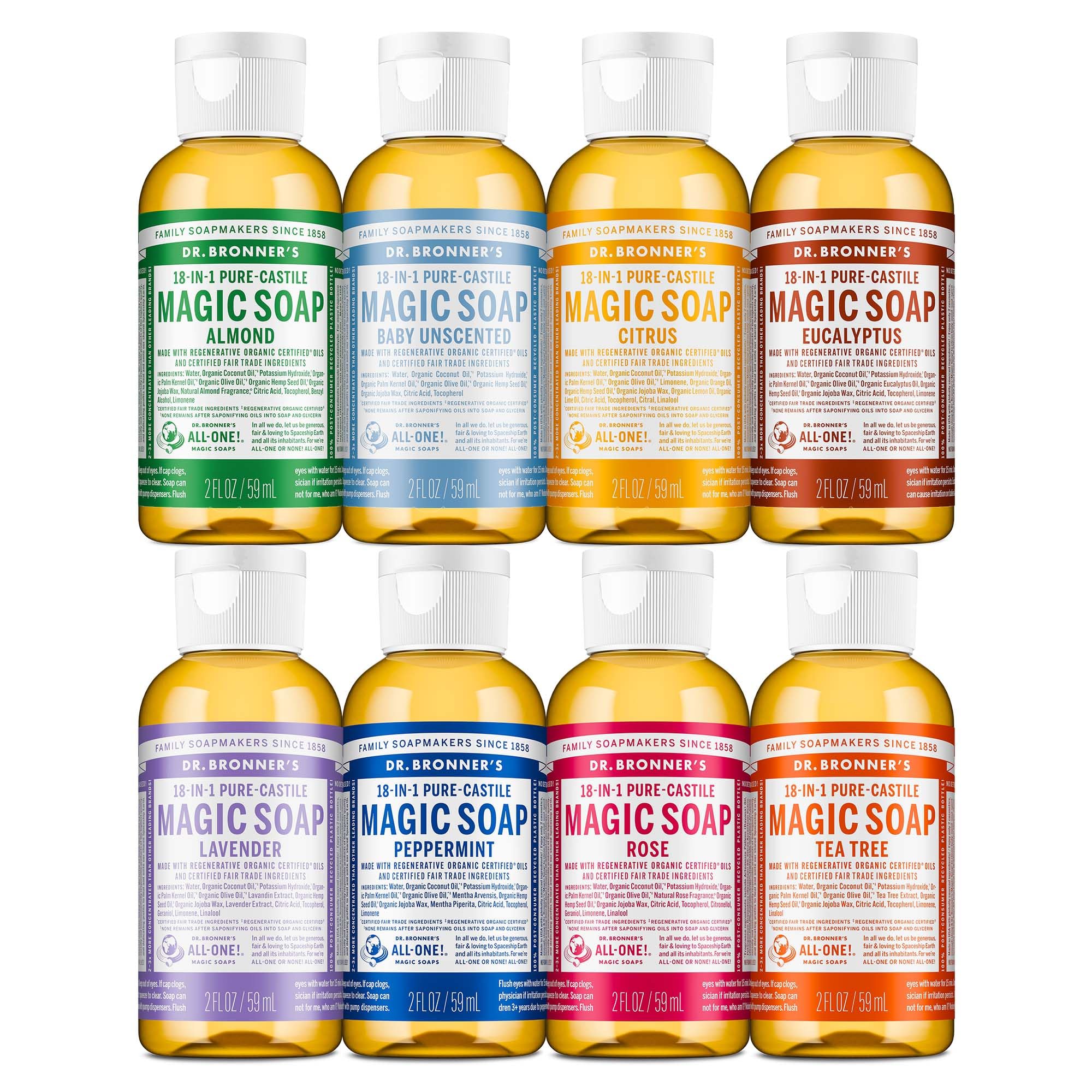 Dr. Bronner's variety pack front view showing six travel bottles and clear labeling, promotes convenience