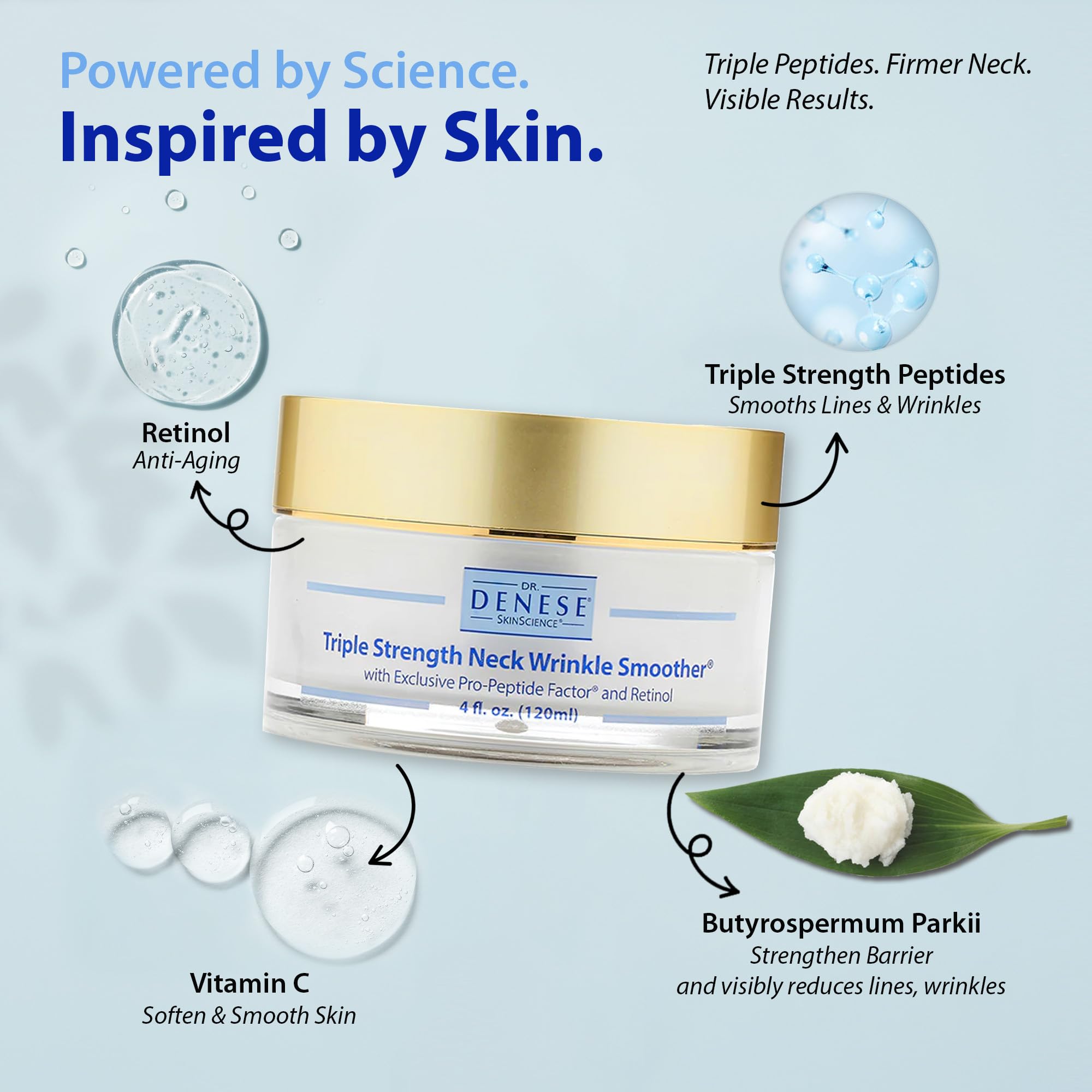 Dr. Denese label close-up highlighting peptides, retinol, and collagen