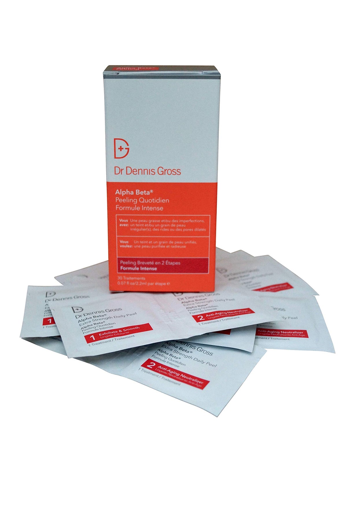 Dr. Dennis Gross front packaging showing peel packets for brighter-looking skin