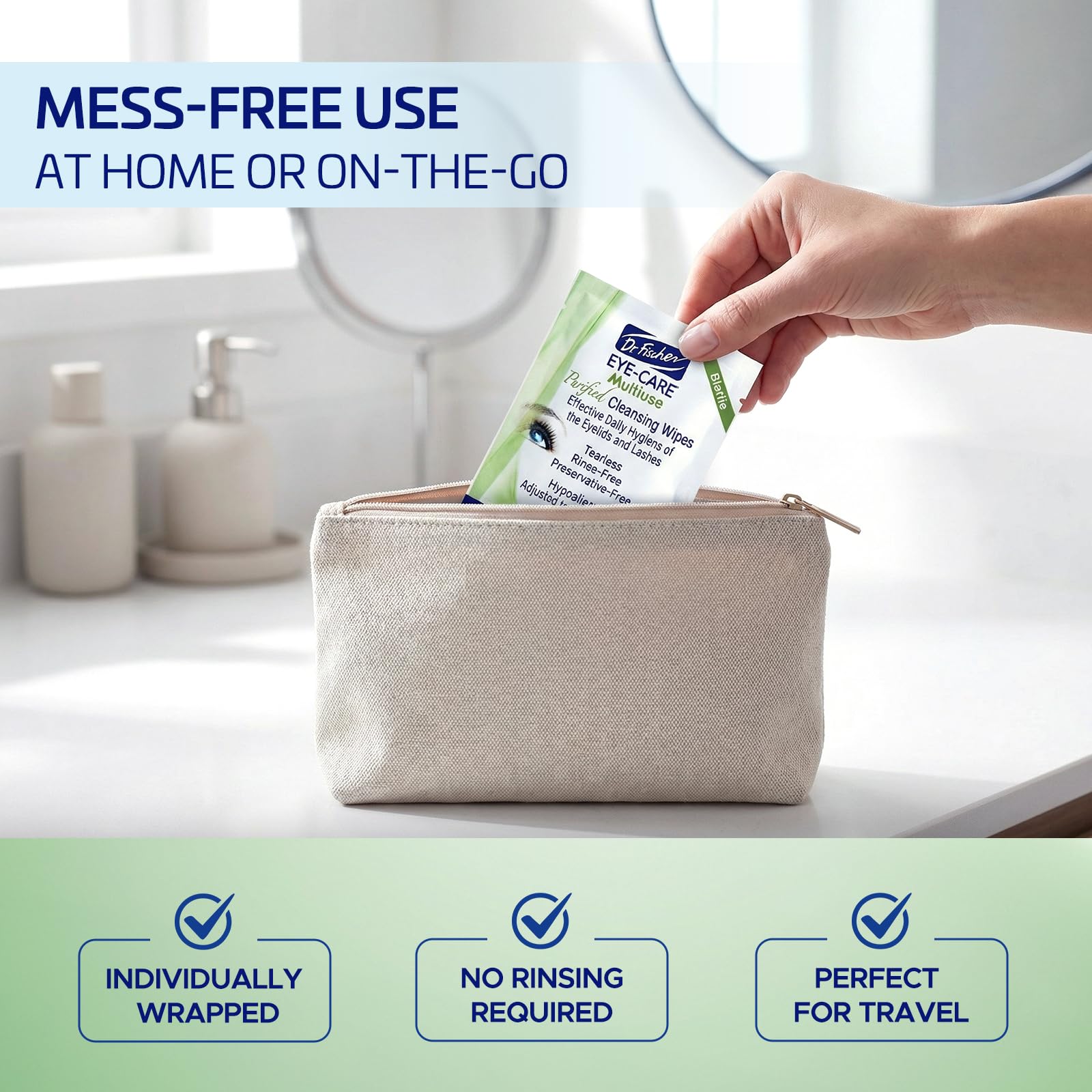 Dr. Fischer wipe next to hand for scale showing compact travel-friendly benefit