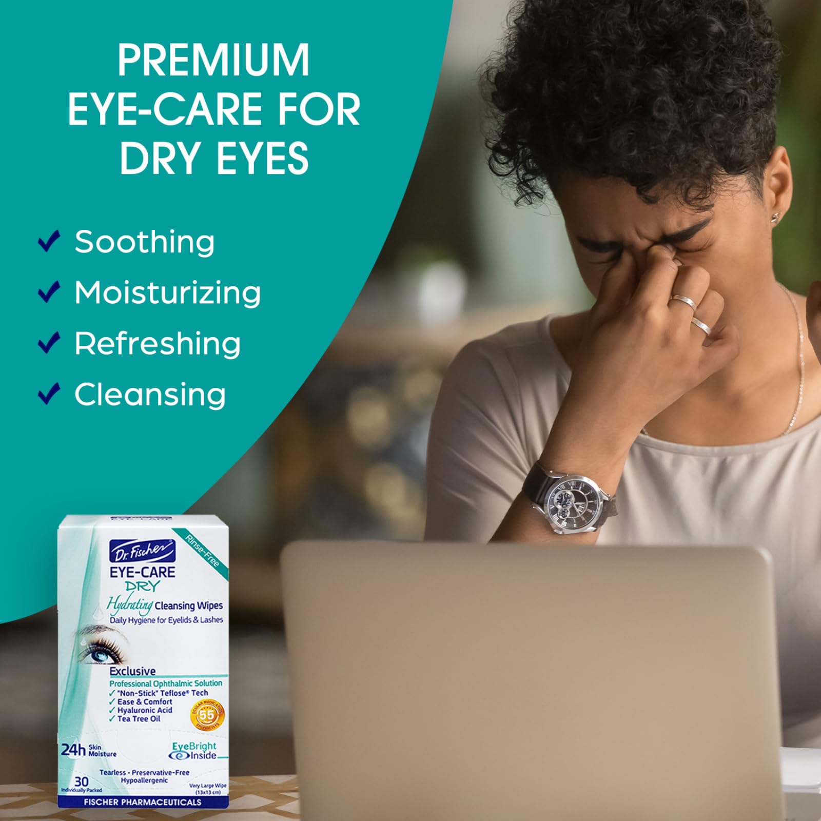 Person using Dr. Fischer wipe to gently clean closed eyelid