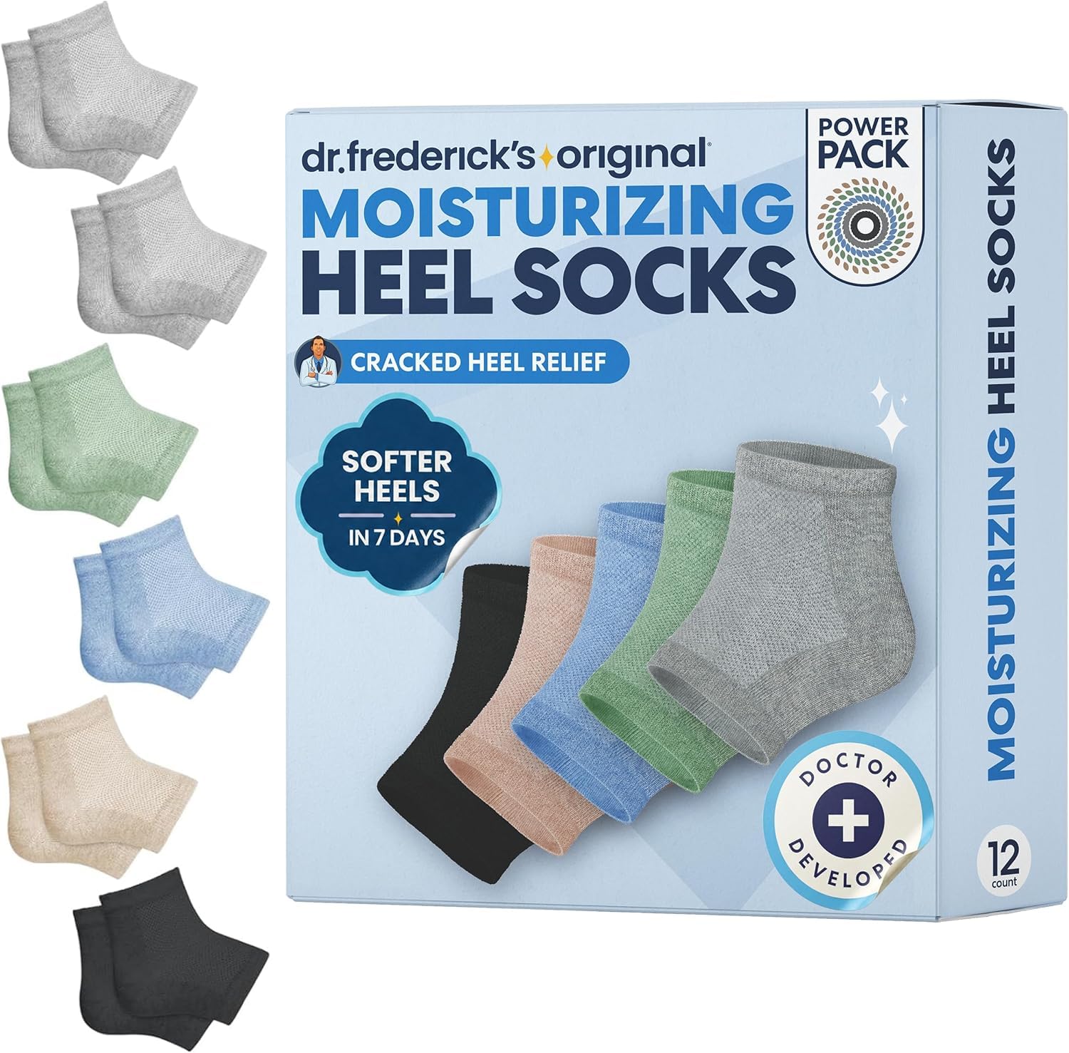 Dr. Frederick's front packaging showing six pairs and quick benefits