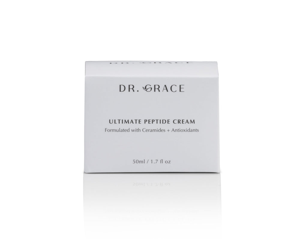 Dr. Grace ingredient label highlighting peptides ceramides and antioxidants benefit