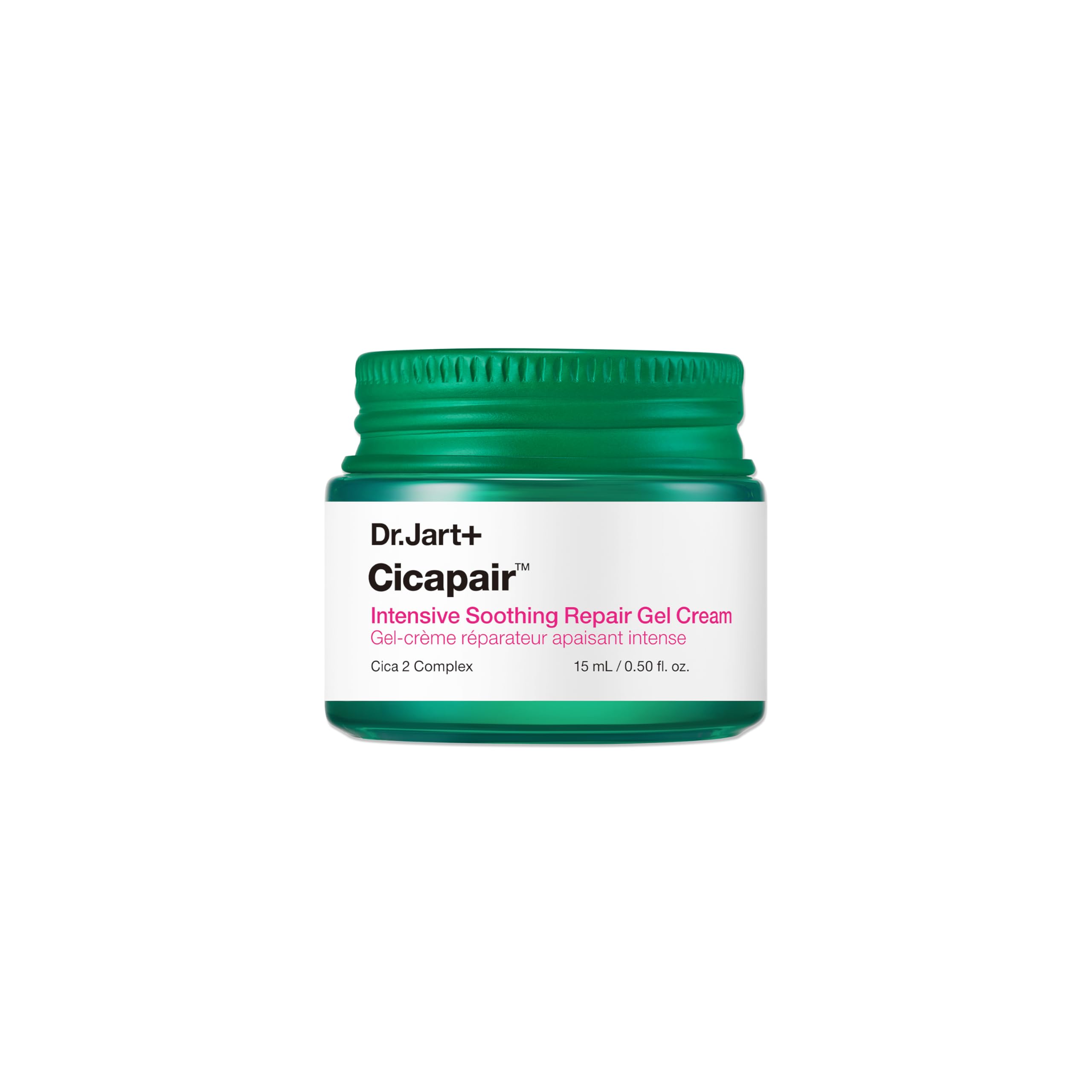 Dr.Jart+ Cicapair cooling gel front jar showing compact travel packaging and soothing benefit