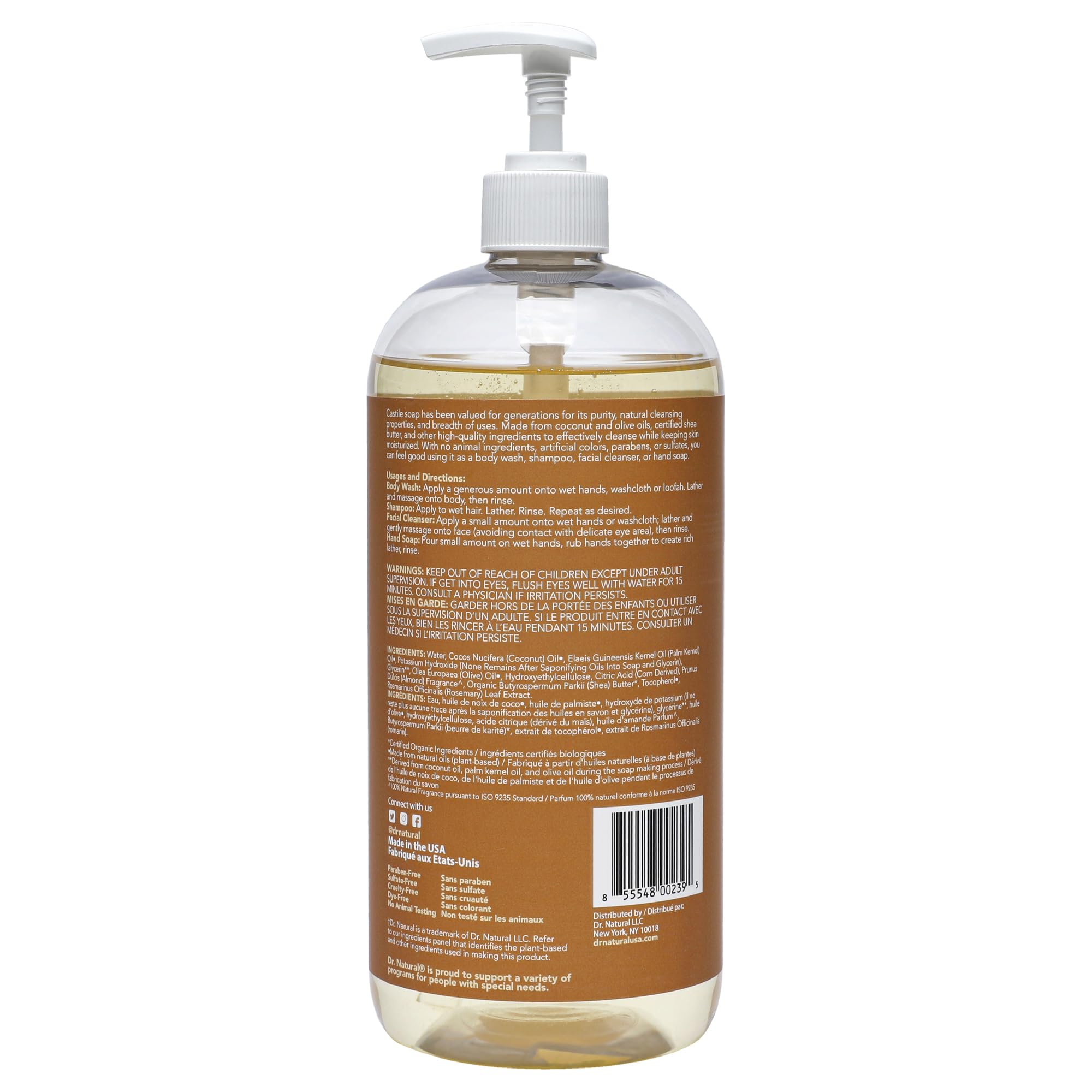 Dr. Natural almond bottle next to water bottle to show 32 oz scale