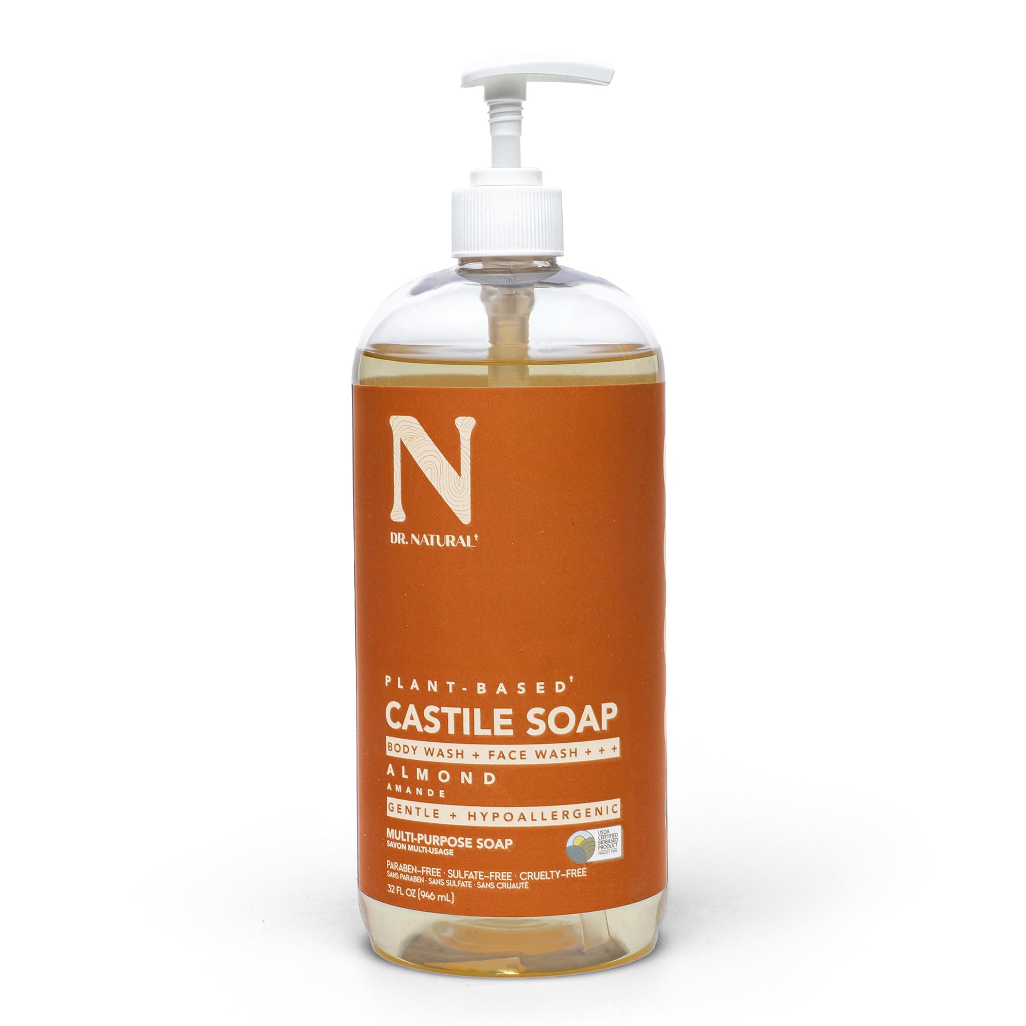 Dr. Natural front label showing almond 32 oz and multi-use benefits