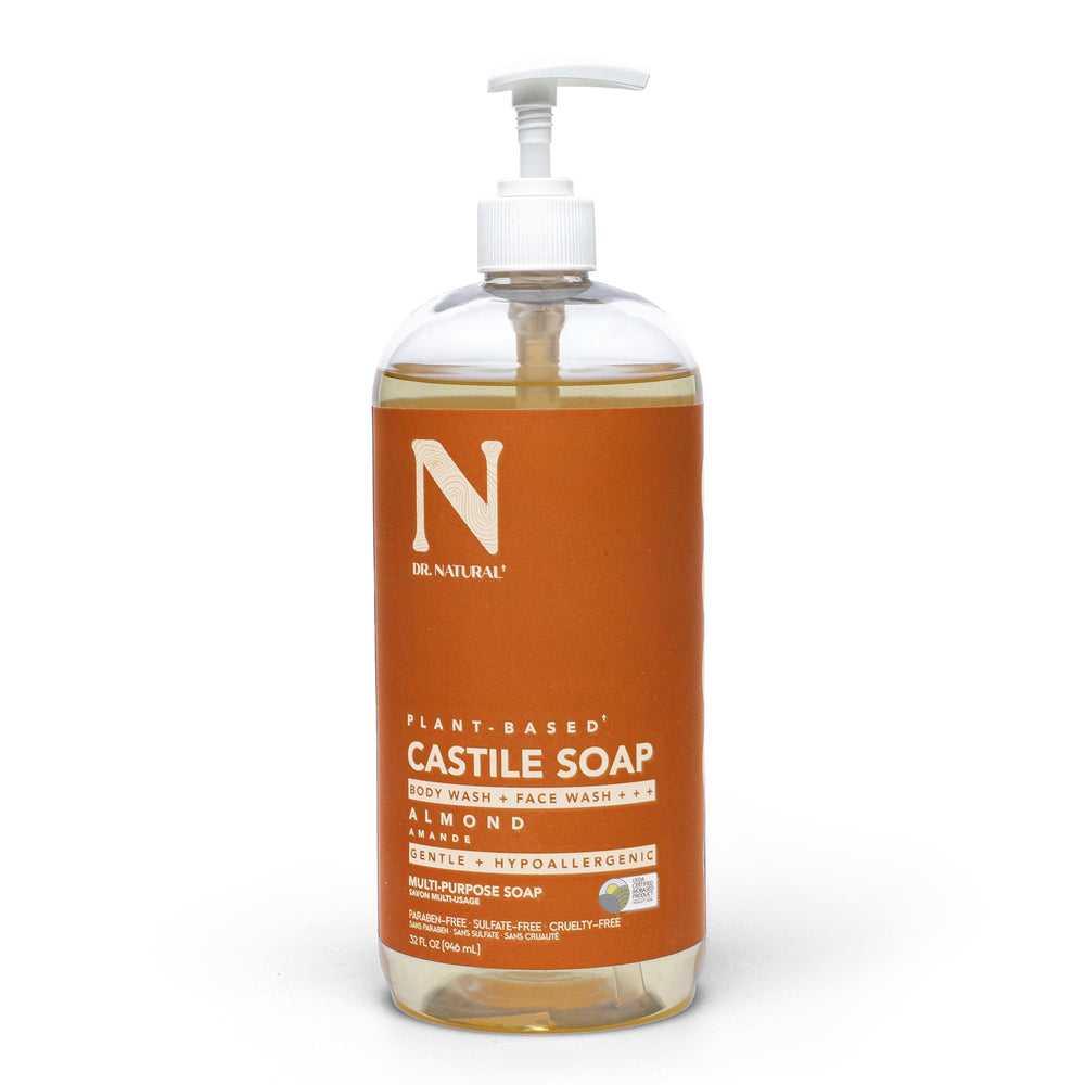 Dr. Natural front label showing almond 32 oz and multi-use benefits
