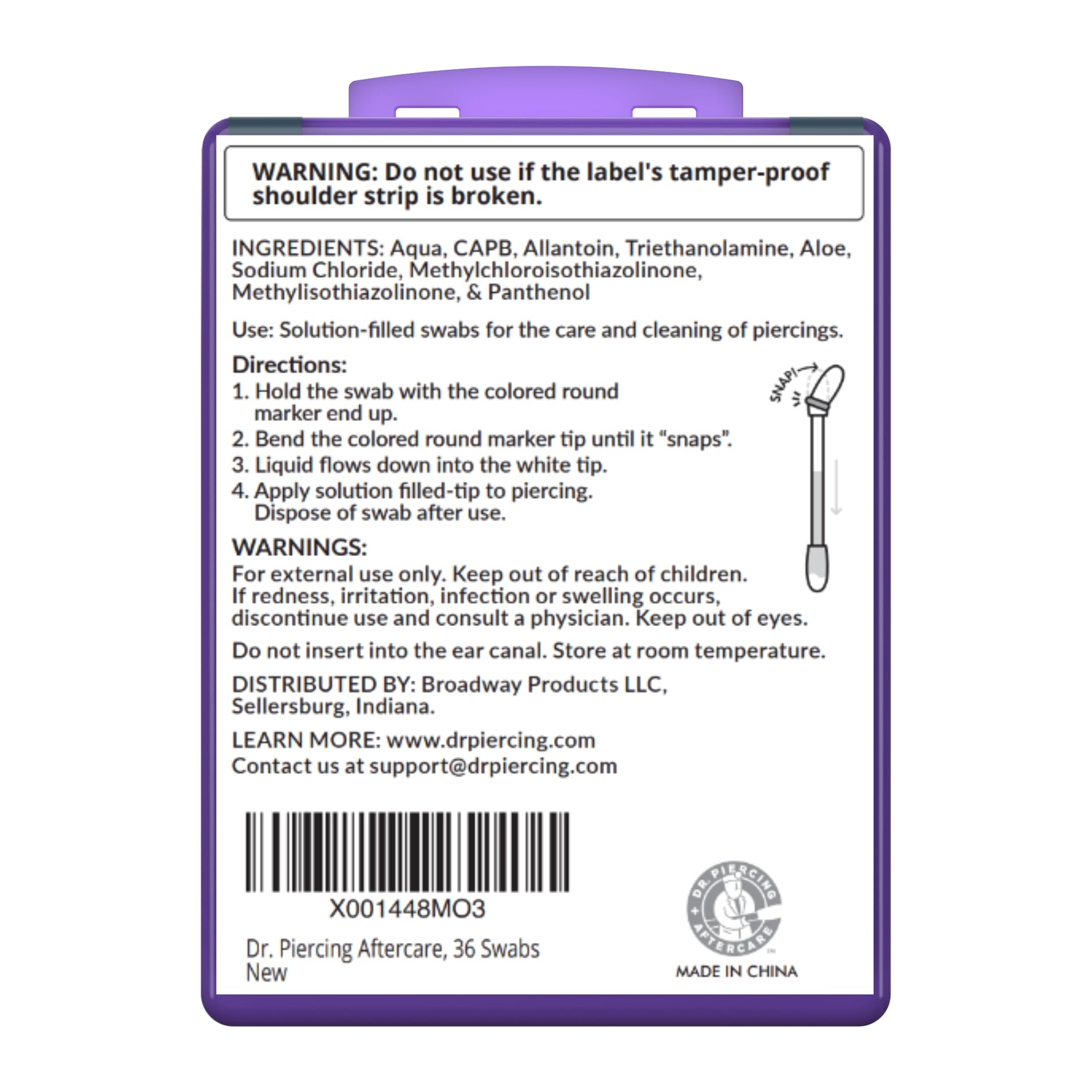 Dr. Piercing Aftercare ingredient label showing Aloe Vera and provitamin B5 benefits