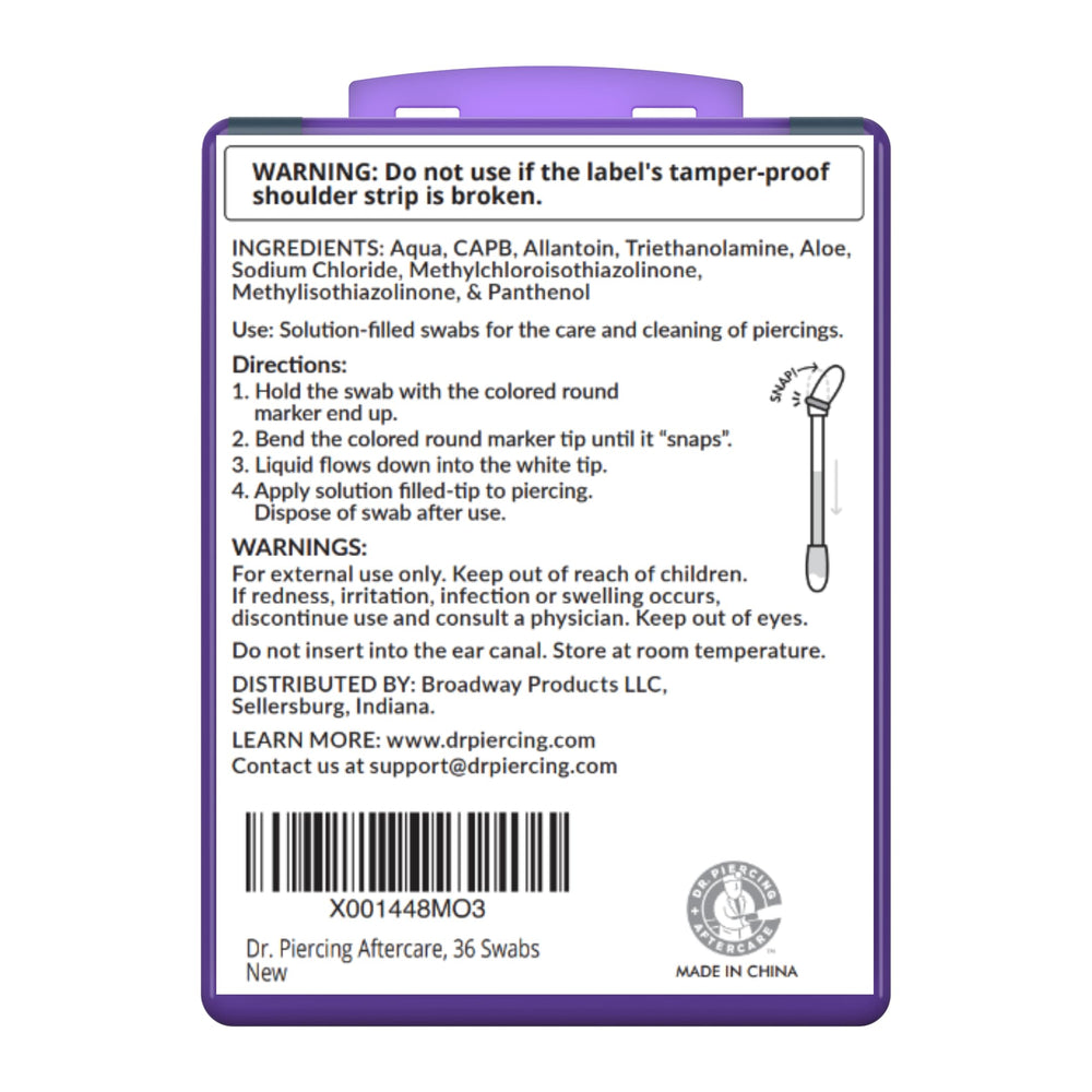 Dr. Piercing Aftercare ingredient label showing Aloe Vera and provitamin B5 benefits