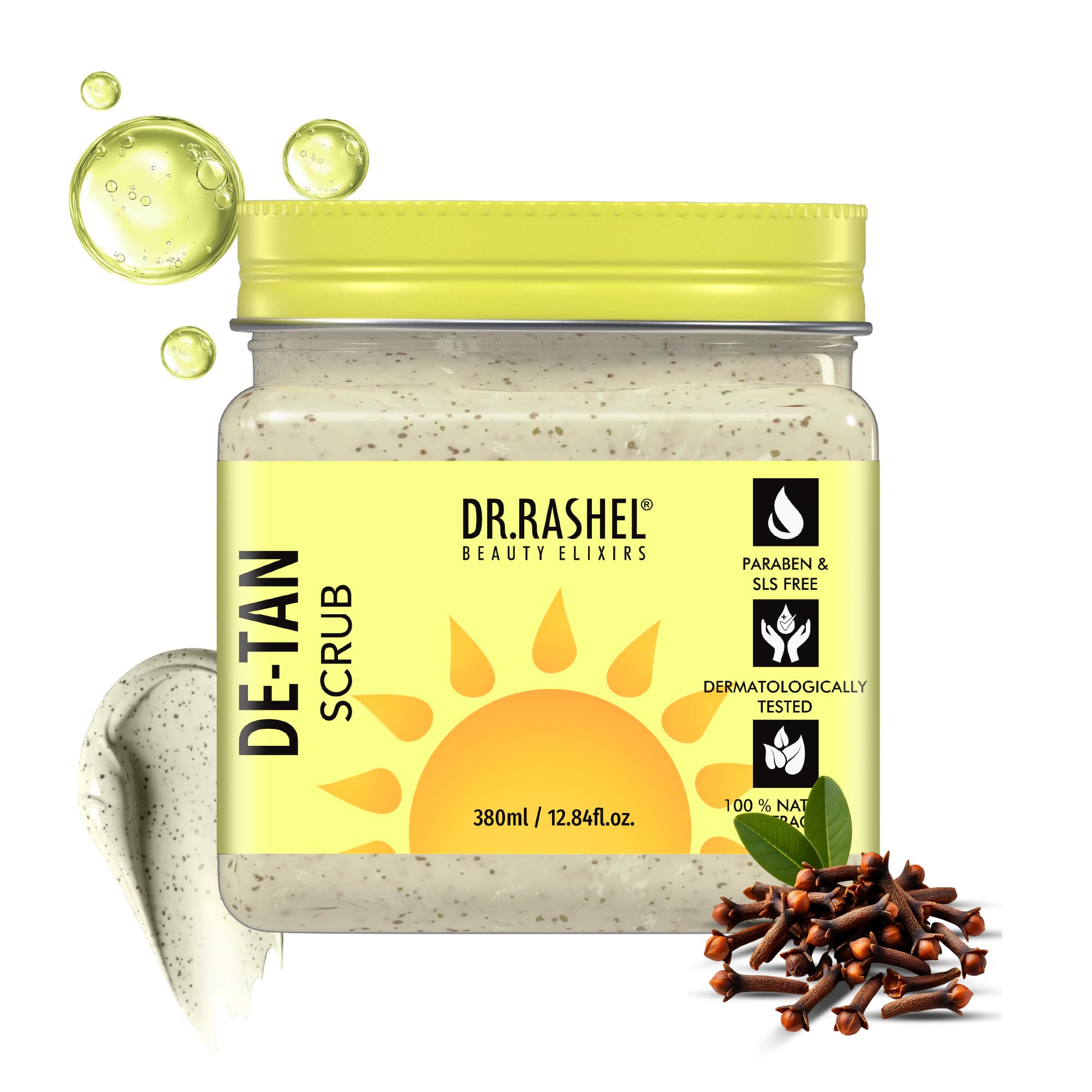 DR.RASHEL de-tan scrub front packaging shows product and benefits