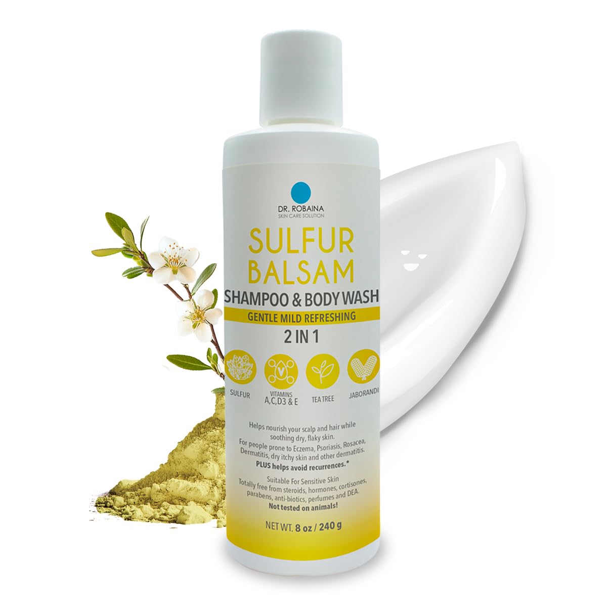 Dr. Robaina front bottle view showing sulfur cleanser and citrus-mint scent benefit