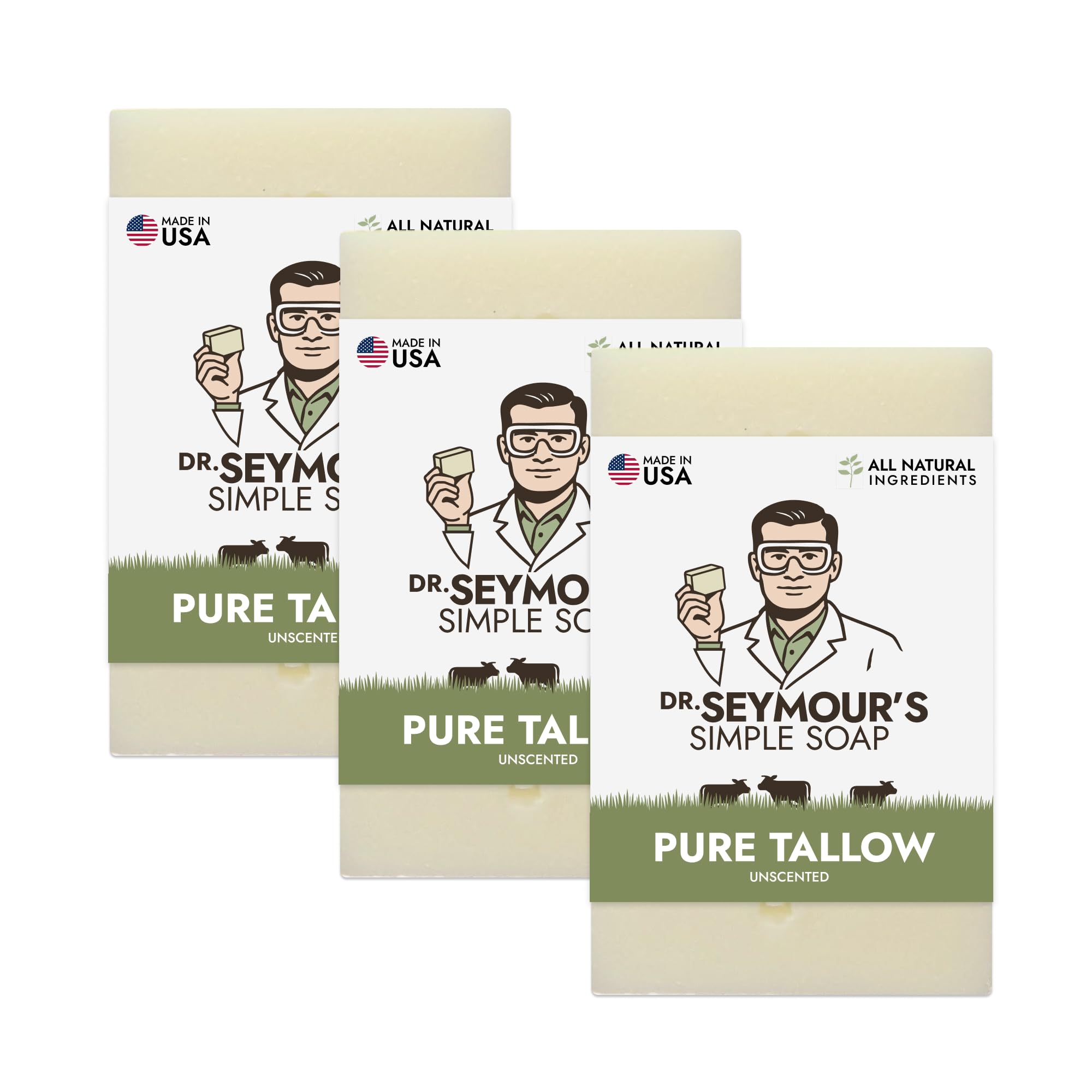 Dr. Seymour's front packaging showing three fragrance-free tallow bars for simple cleansing