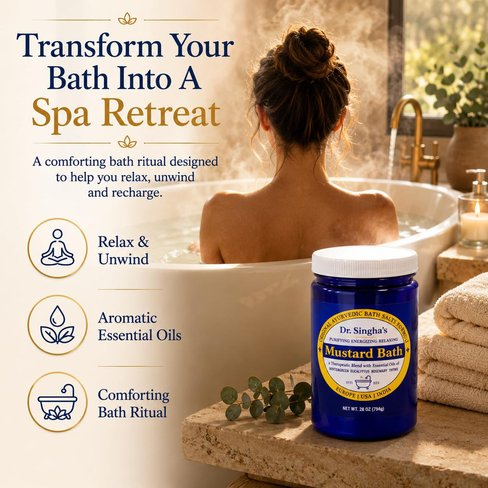 Dr. Singha's jar opened with granular mustard soak visible for texture benefit