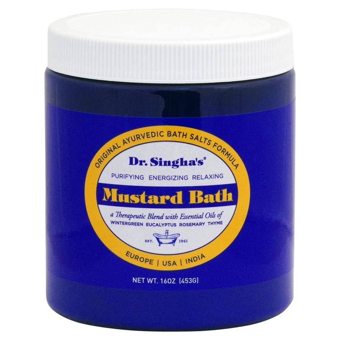 Dr. Singha's front jar view showing label and warming mustard bath benefit