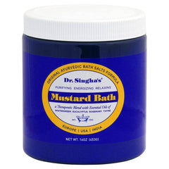 Dr. Singha's front jar view showing label and warming mustard bath benefit