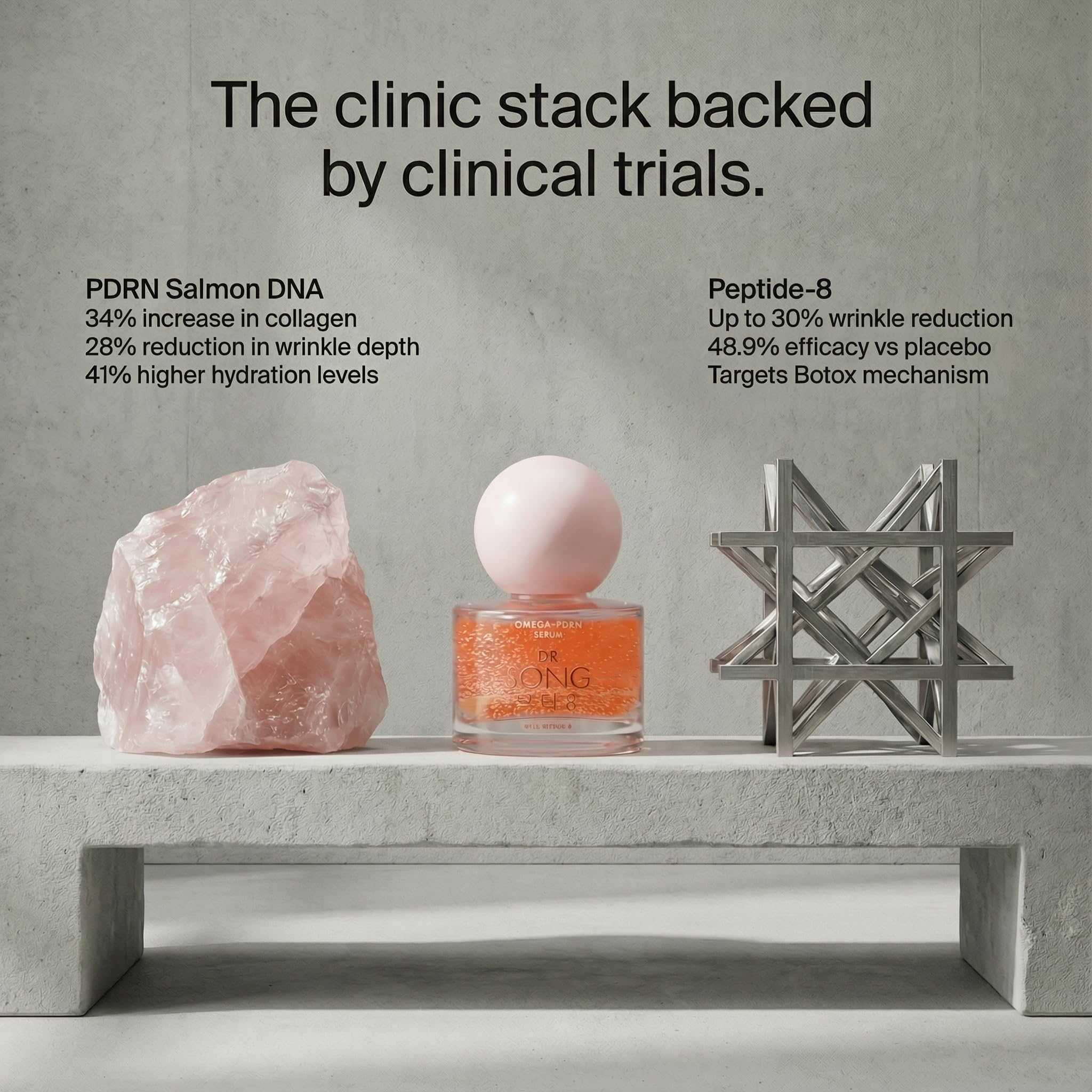 Dr Song ingredient display with salmon PDRN and peptide visuals for transparency