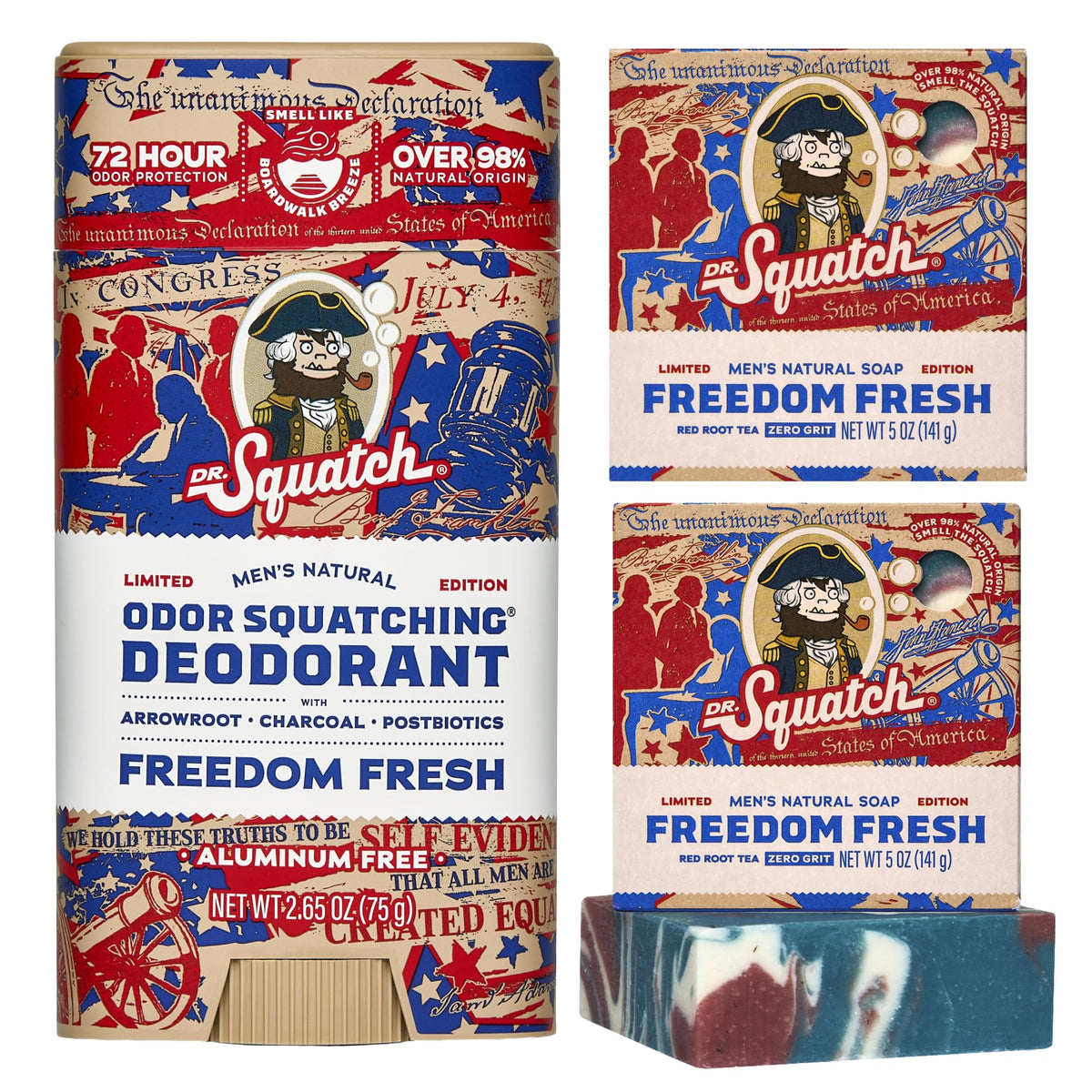 Dr. Squatch front packaging showing 3-pack and patriotic design, conveys limited-edition appeal