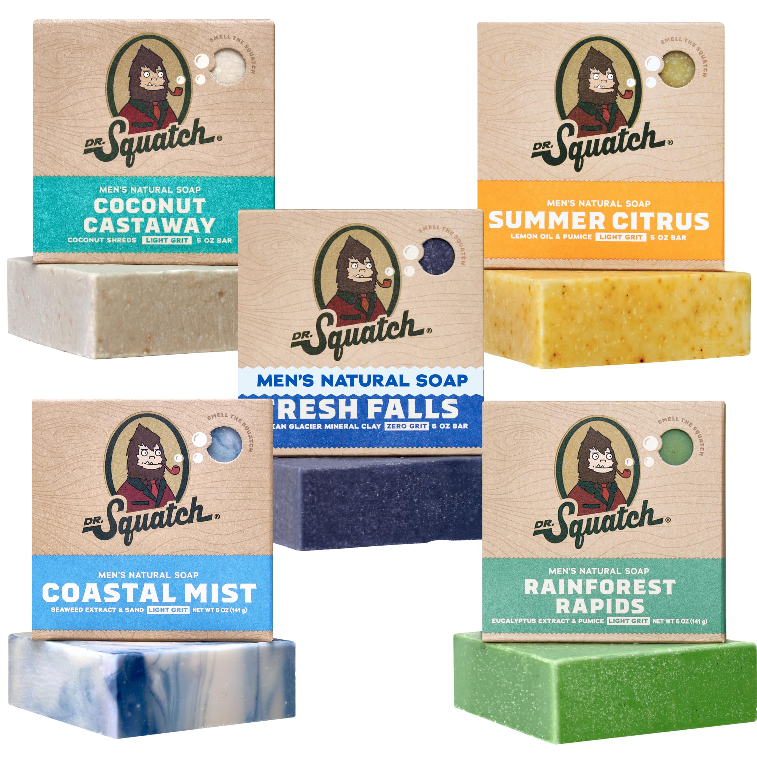 Dr. Squatch front packaging showing five scented bars for variety