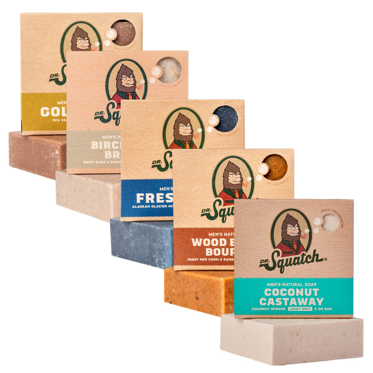 Dr. Squatch front-packaging showing five scented bars and brand logo for variety