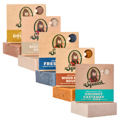 Dr. Squatch front-packaging showing five scented bars and brand logo for variety