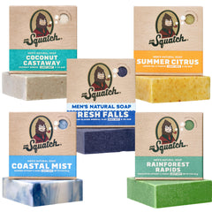 Dr. Squatch front packaging showing five scented bars for variety