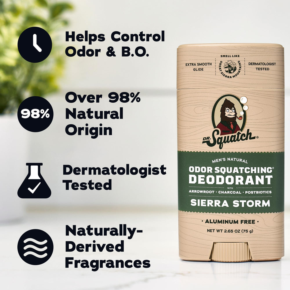 Man applying Dr. Squatch deodorant in bathroom, demonstrates quick everyday routine