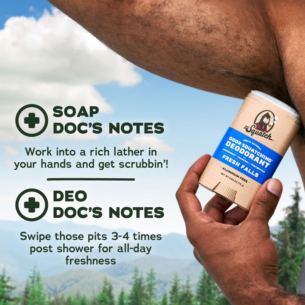 Dr. Squatch products staged in a modern shower, lifestyle freshness portrayed