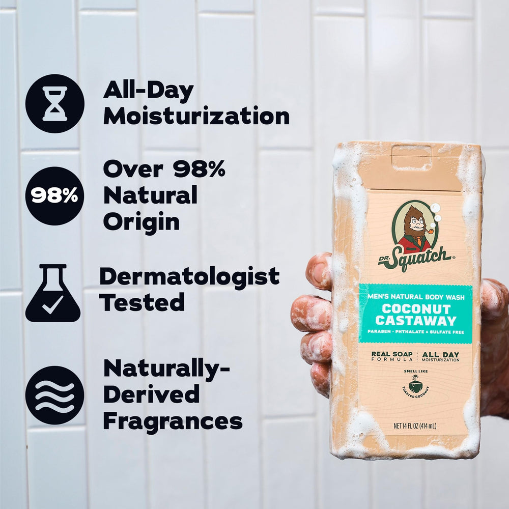 Dr. Squatch bottle cap open to show easy dispensing for showers