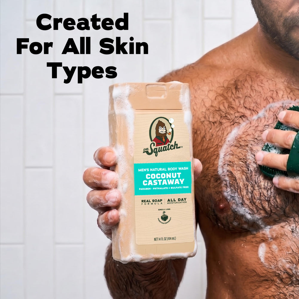 Dr. Squatch bottle side label showing ingredient claims and dermatologist-tested benefit