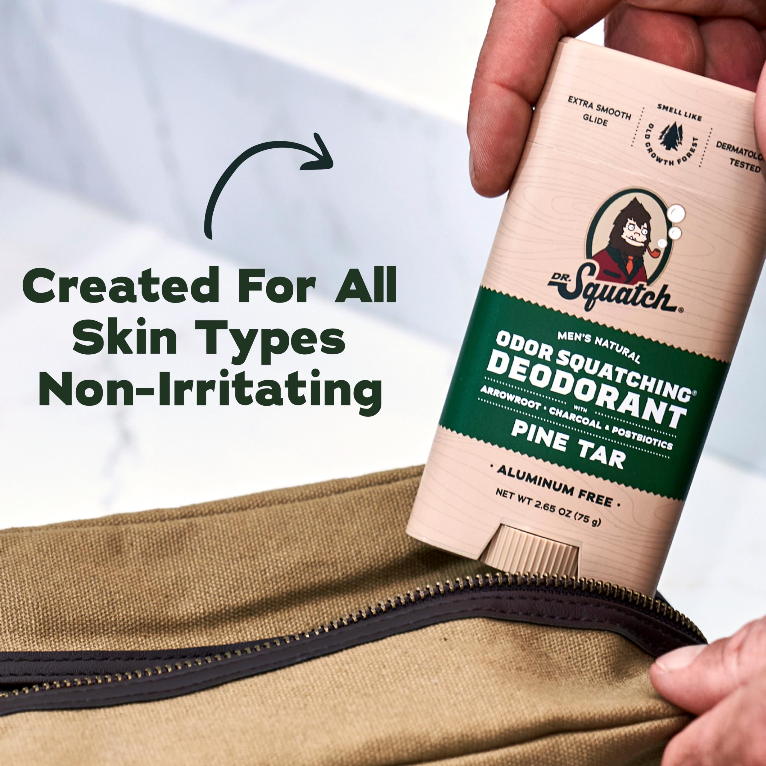Dr. Squatch close-up of arrowroot and charcoal notes illustrating absorbency and odor control
