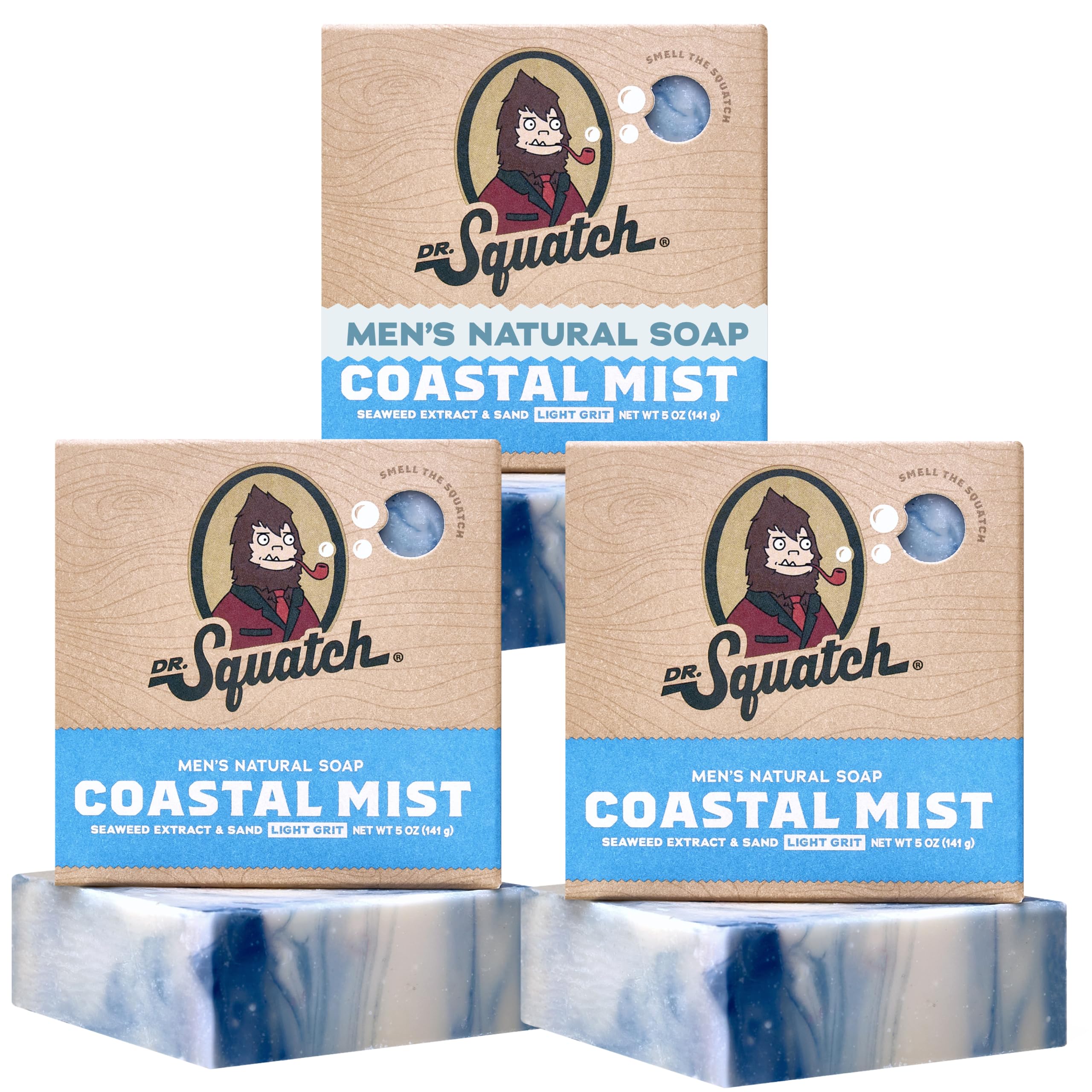 Dr. Squatch front packaging showing Coastal Mist and three bars benefit fresh scent
