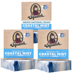 Dr. Squatch front packaging showing Coastal Mist and three bars benefit fresh scent