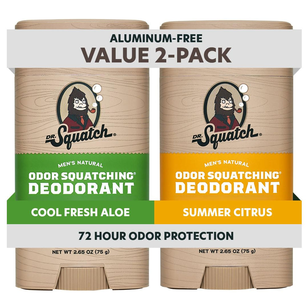 Dr. Squatch front packaging shows 2-pack and scent variety for convenience
