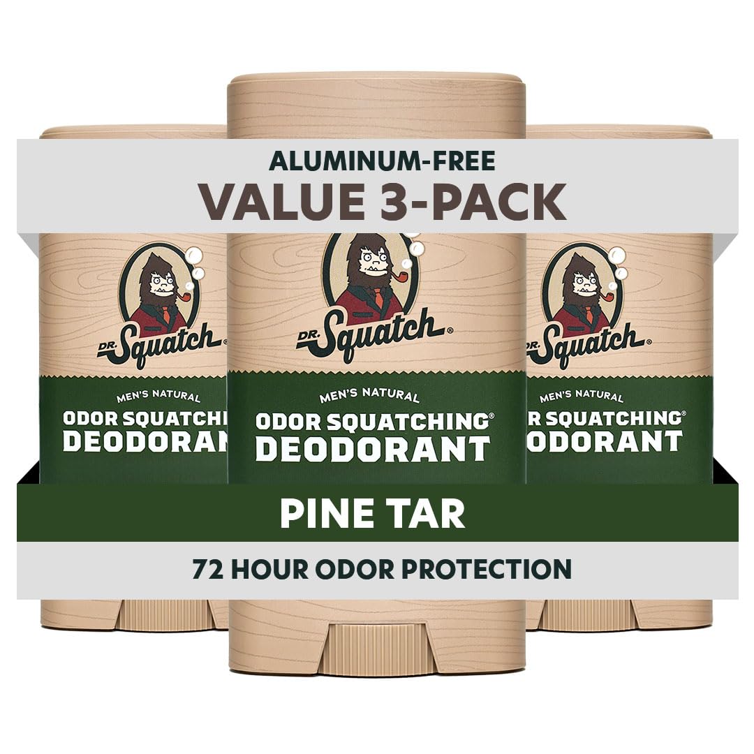 Dr. Squatch 3-pack deodorant front view showing packaging and Pine Tar scent benefit